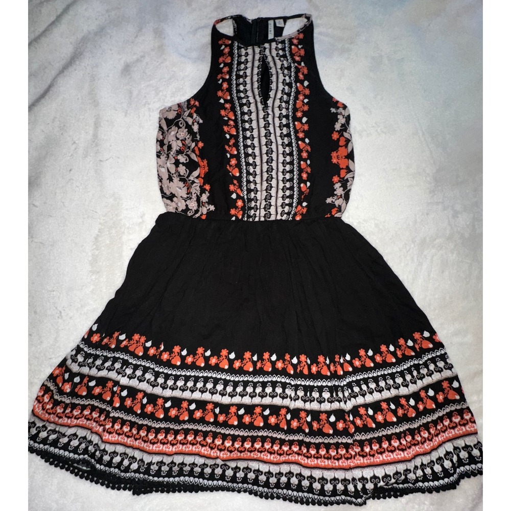 Mi ami Black Floral Print Sleeveless Casual Dress Keyhole Neckline S